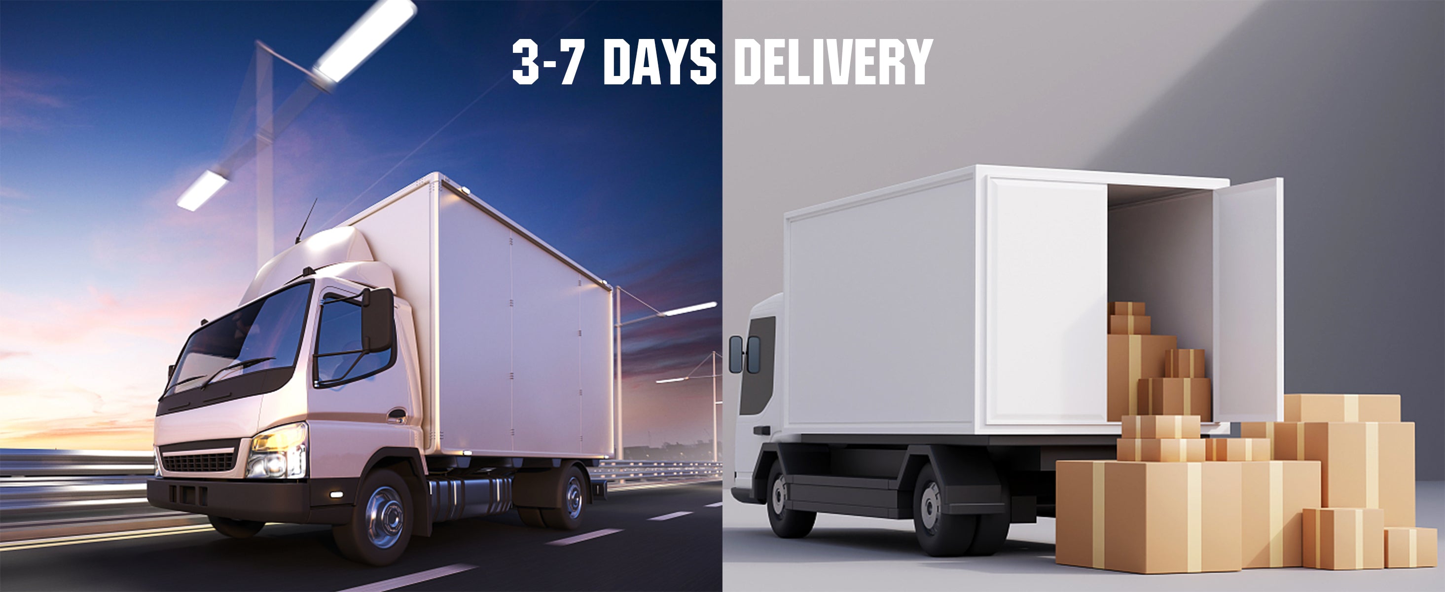 Two images of delivery trucks; one on a road with a sunset, the other with boxes inside a truck.