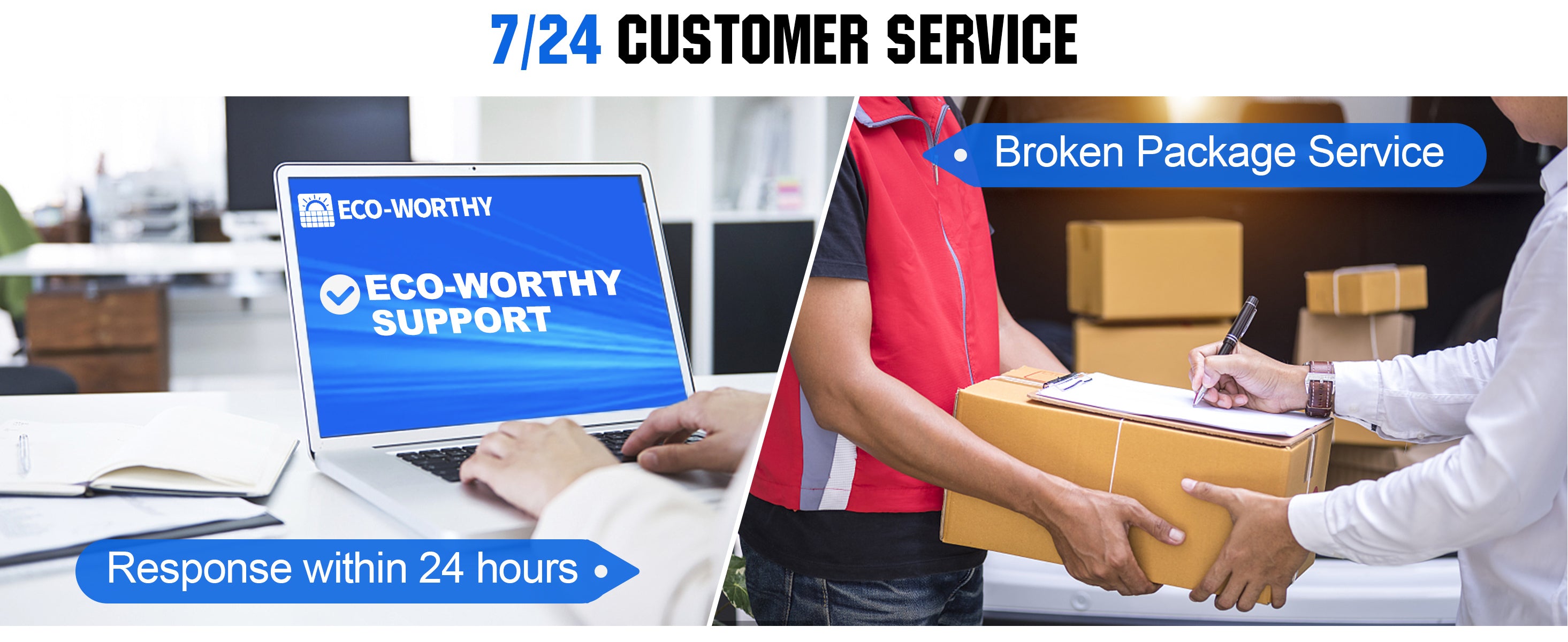 Two images showing customer service and broken package support. One with a laptop and the other with hands exchanging a box.