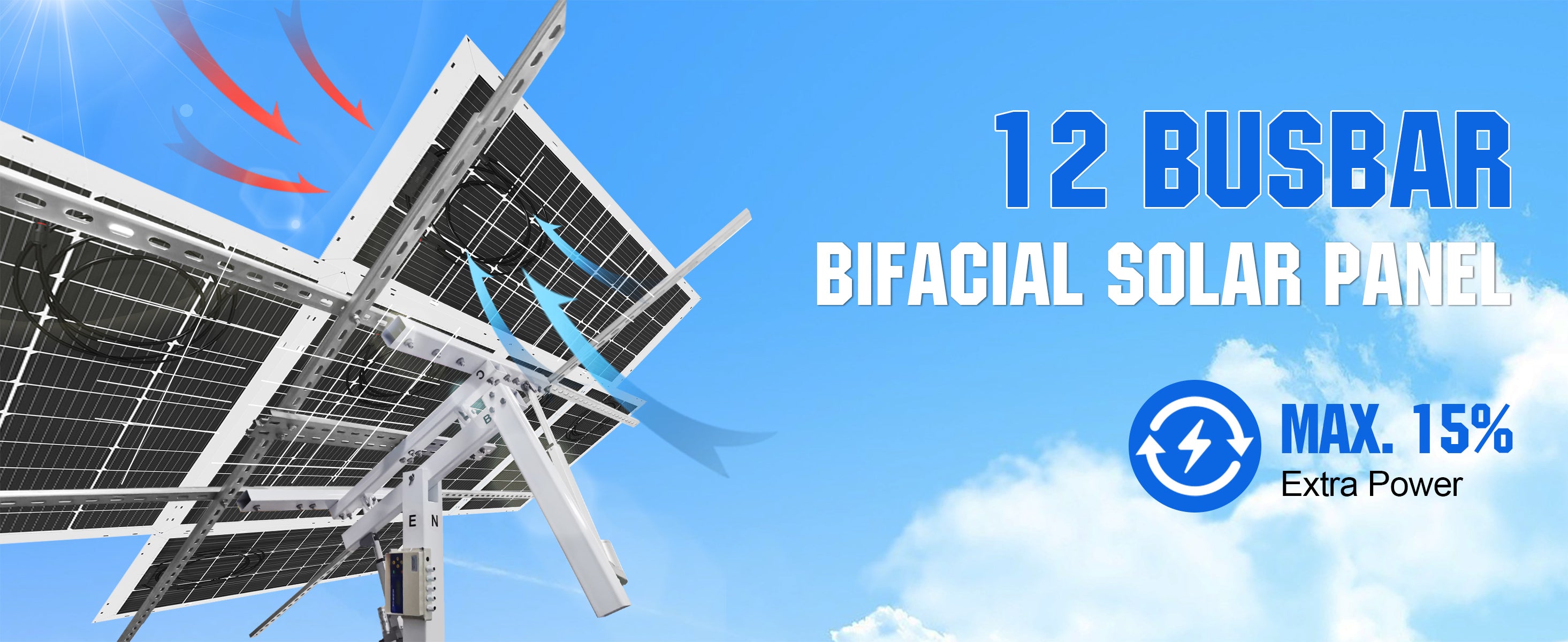 Bifacial solar panel with 12 busbar technology and additional power feature on a blue sky background.