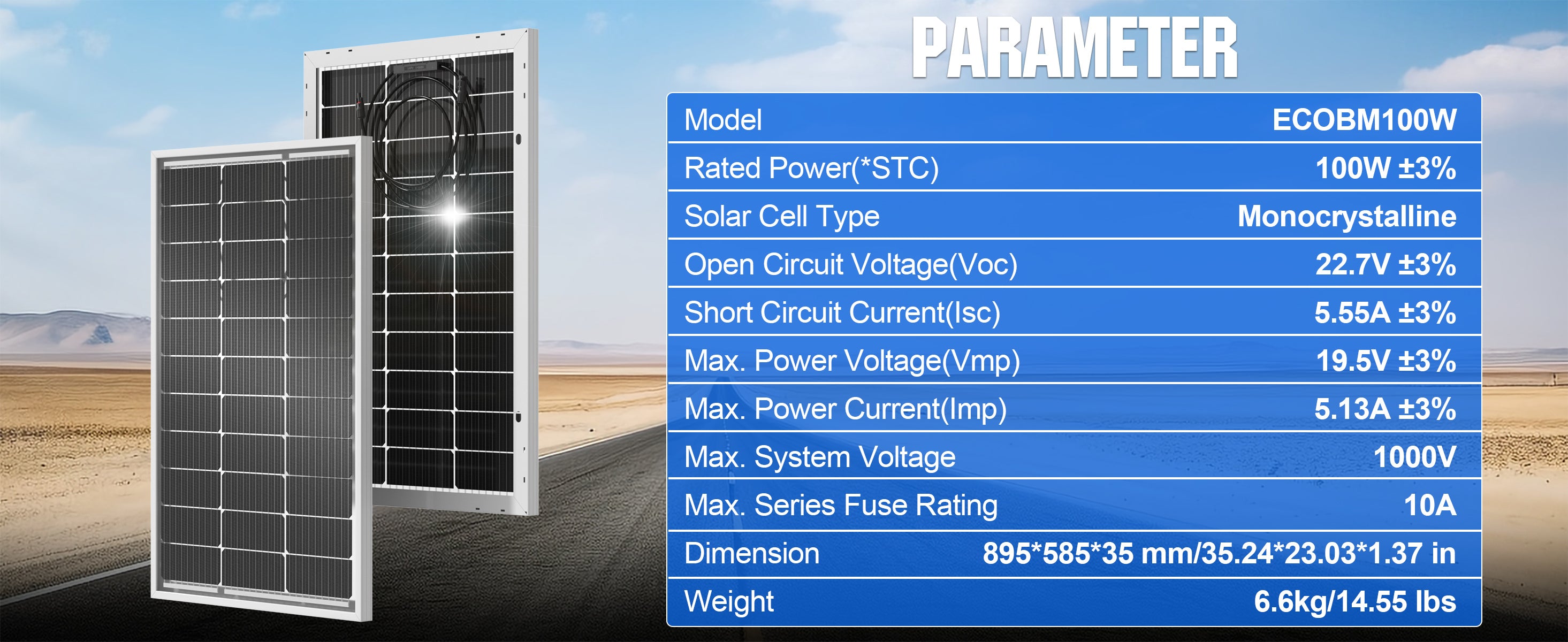 Solar panels with technical specifications displayed on a desert background