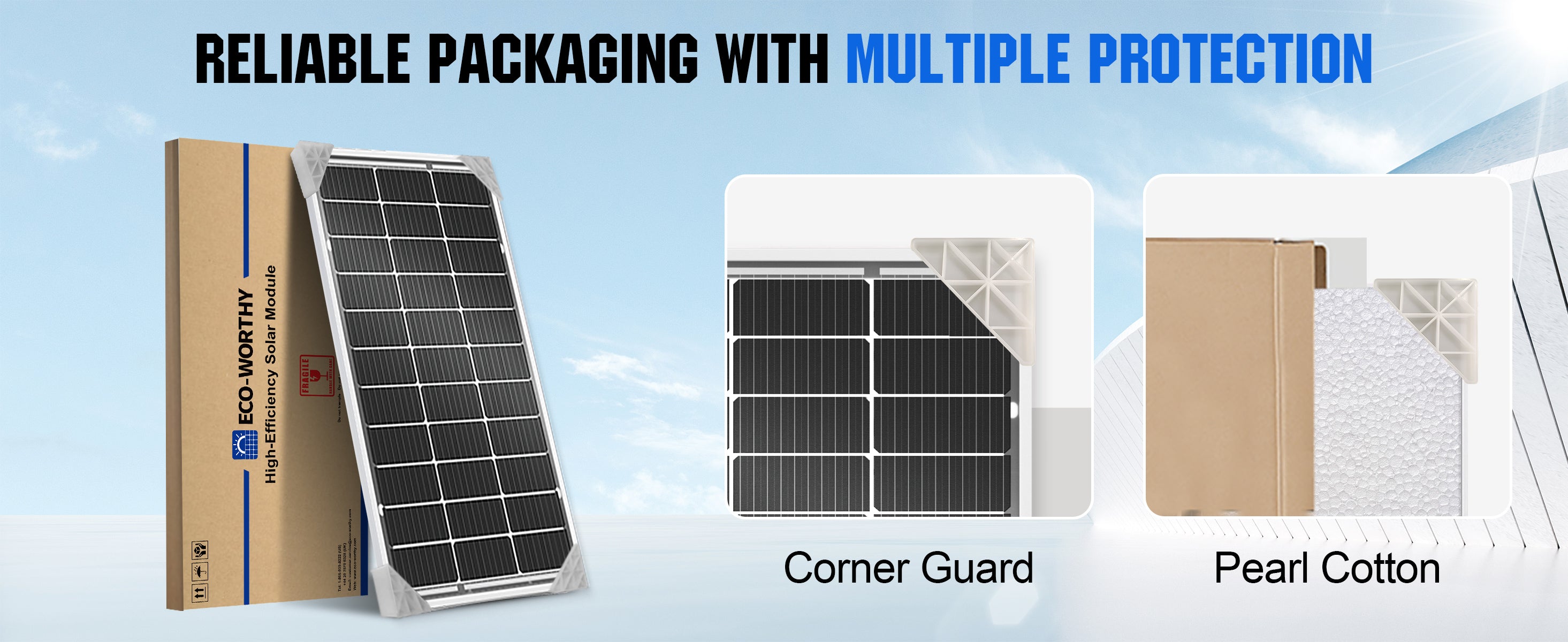 Solar panel packaging with corner guard and pearl cotton on a blue background