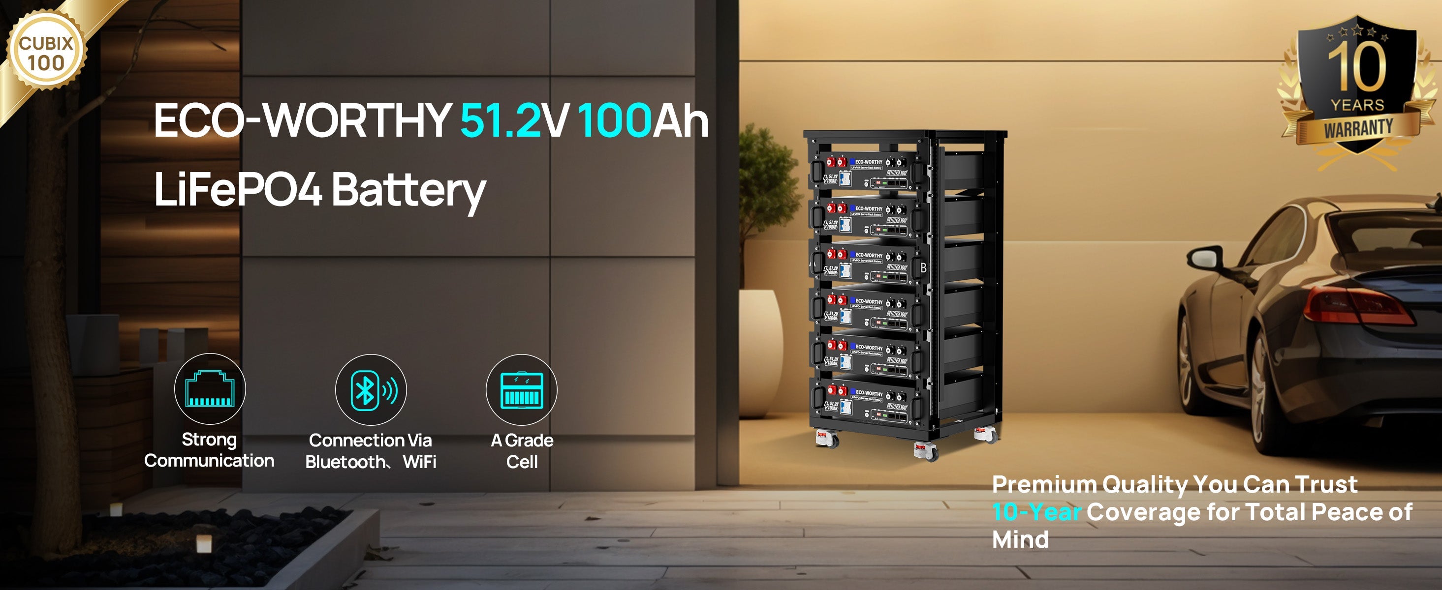 Eco-Worthy Cubix100 LiFePO4 Server Rack Battery with features and car in the background