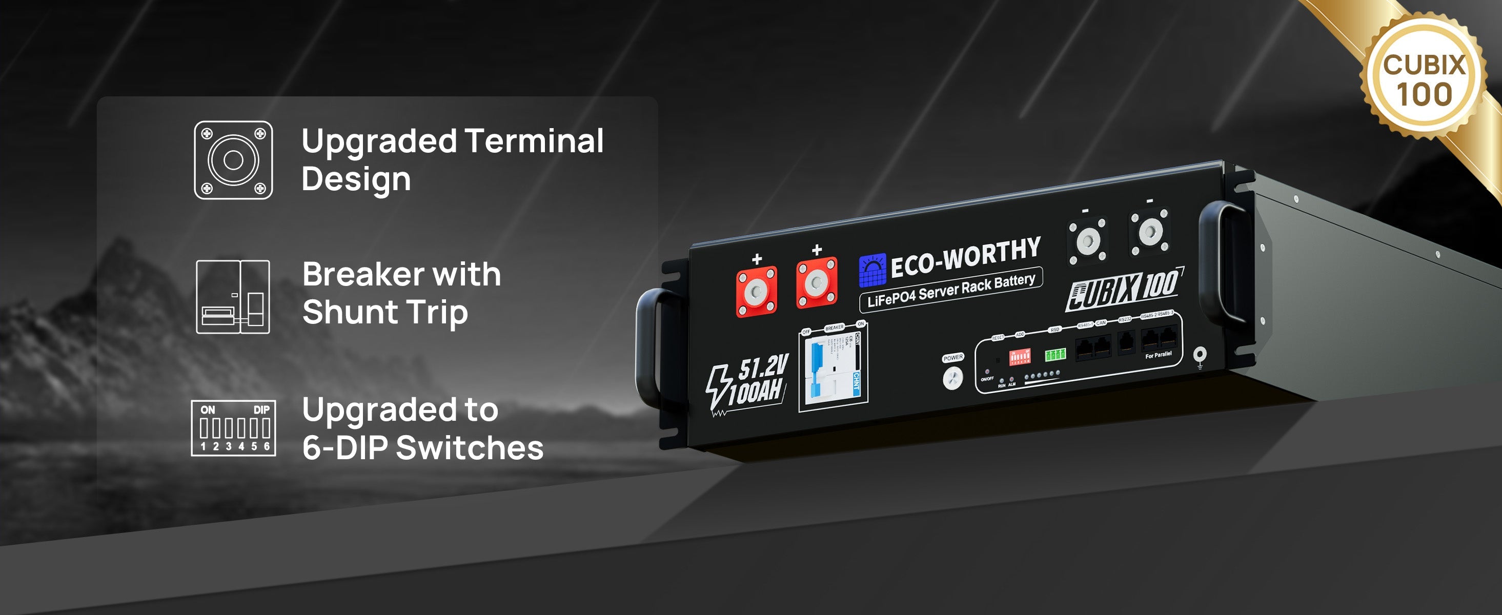 Eco-Worthy Cubix100 | 48V 100Ah LiFePO4 Server Rack Battery with features listed on a dark background