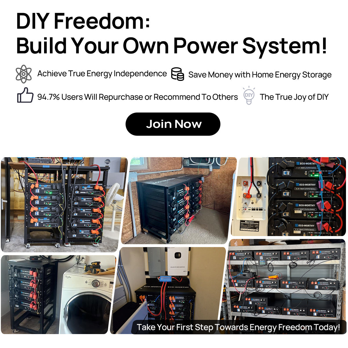 Advertisement for DIY power system with images of battery storage systems.