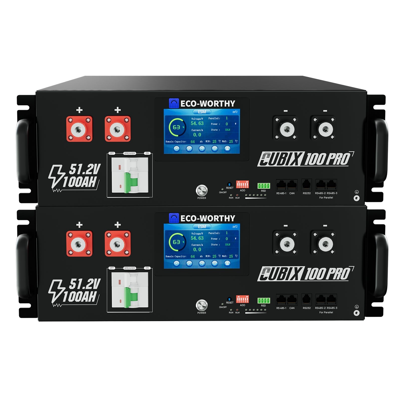 Two black Eco-Worthy Cubix100 Pro with digital display on a white background