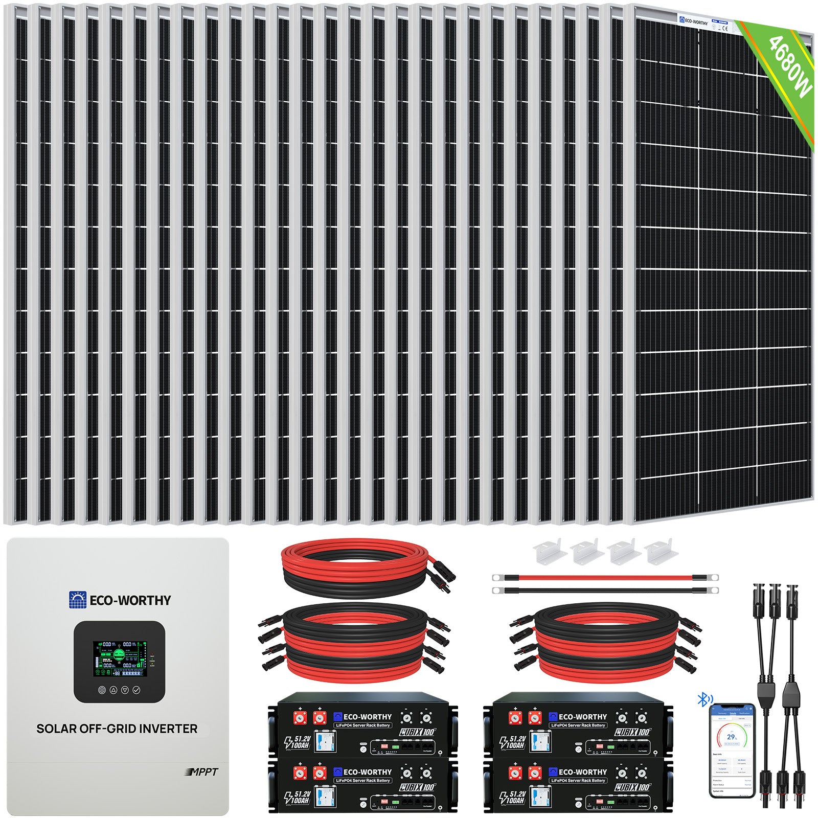 ECO-WORTHY 10kW Complete Off-grid Solar Power Kit | 4680W PV Input | 120VAC/240VAC Split Phase Output | 20.48kWh Battery Capacity - 2KW-5KW solar panel kit