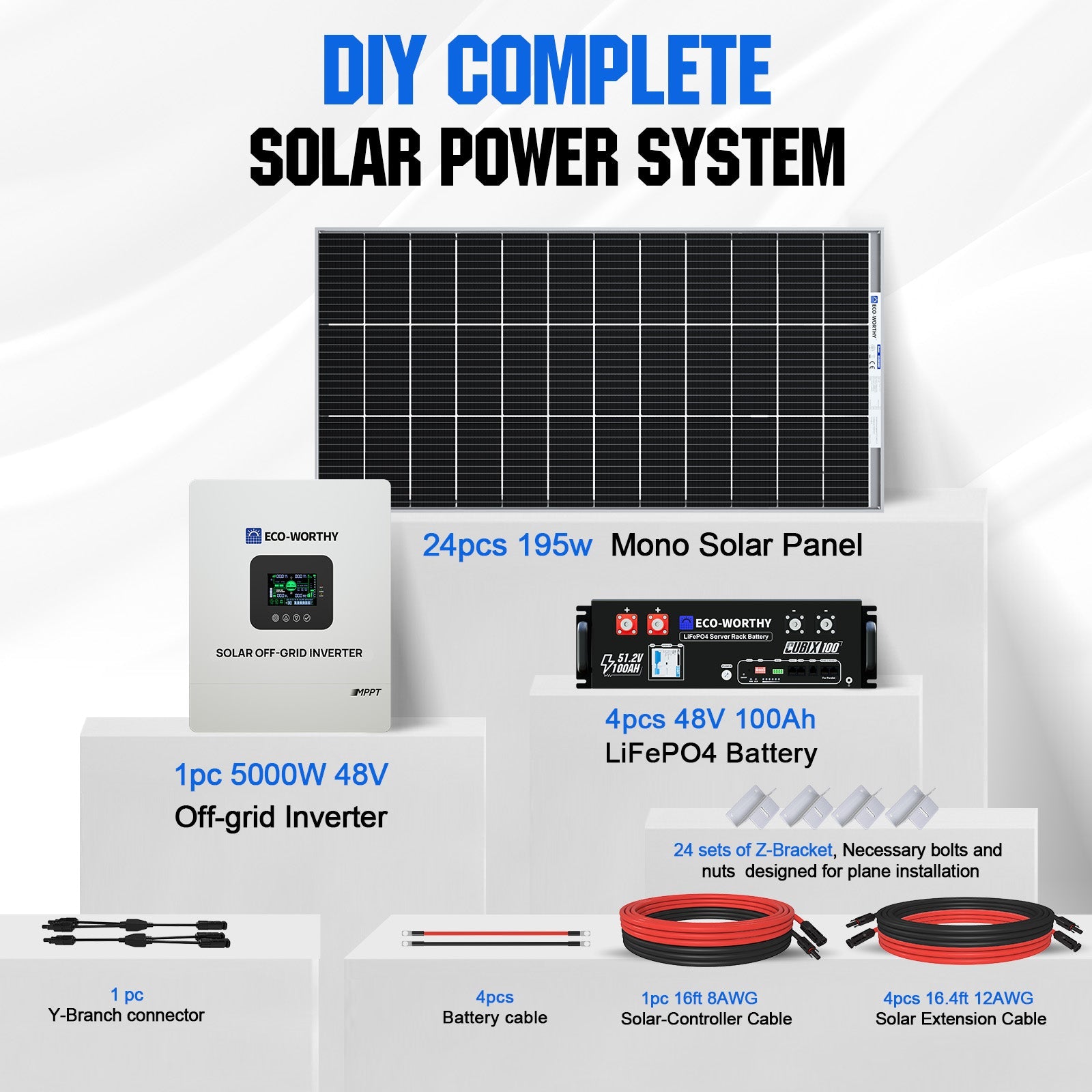 ECO-WORTHY 10kW Complete Off-grid Solar Power Kit | 4680W PV Input | 120VAC/240VAC Split Phase Output | 20.48kWh Battery Capacity - 2KW-5KW solar panel kit