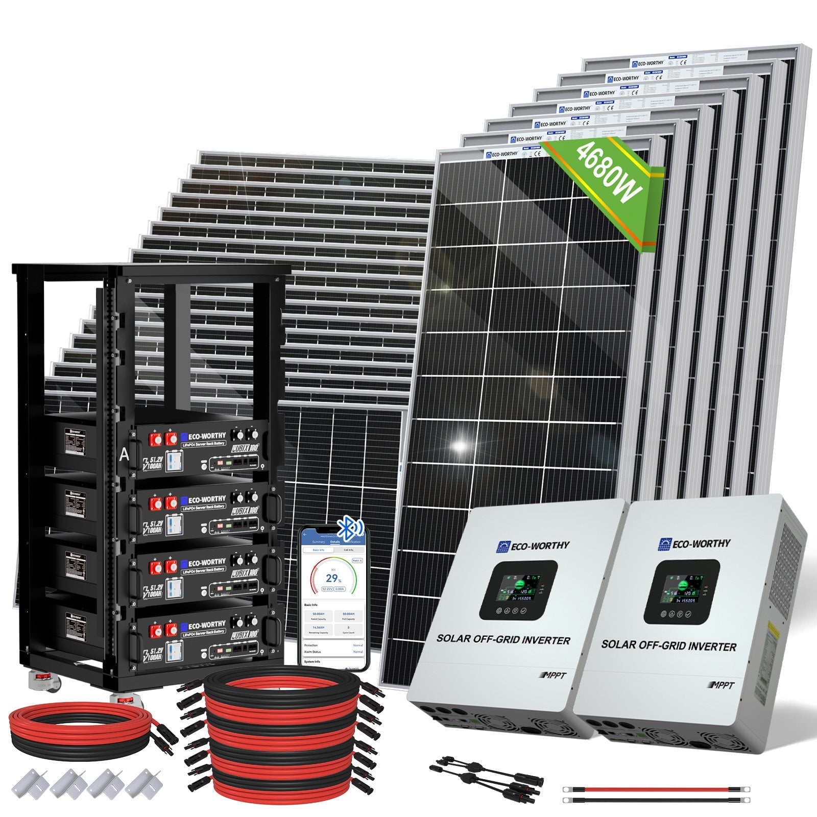 ECO-WORTHY 10kW Complete Off-grid Solar Power Kit | 4680W PV Input | 120VAC/240VAC Split Phase Output | 20.48kWh Battery Capacity - 2KW-5KW solar panel kit