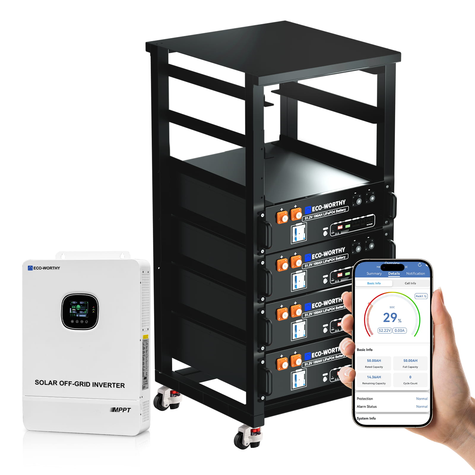 Solar off-grid system with inverters, battery bank, and smartphone app on a white background