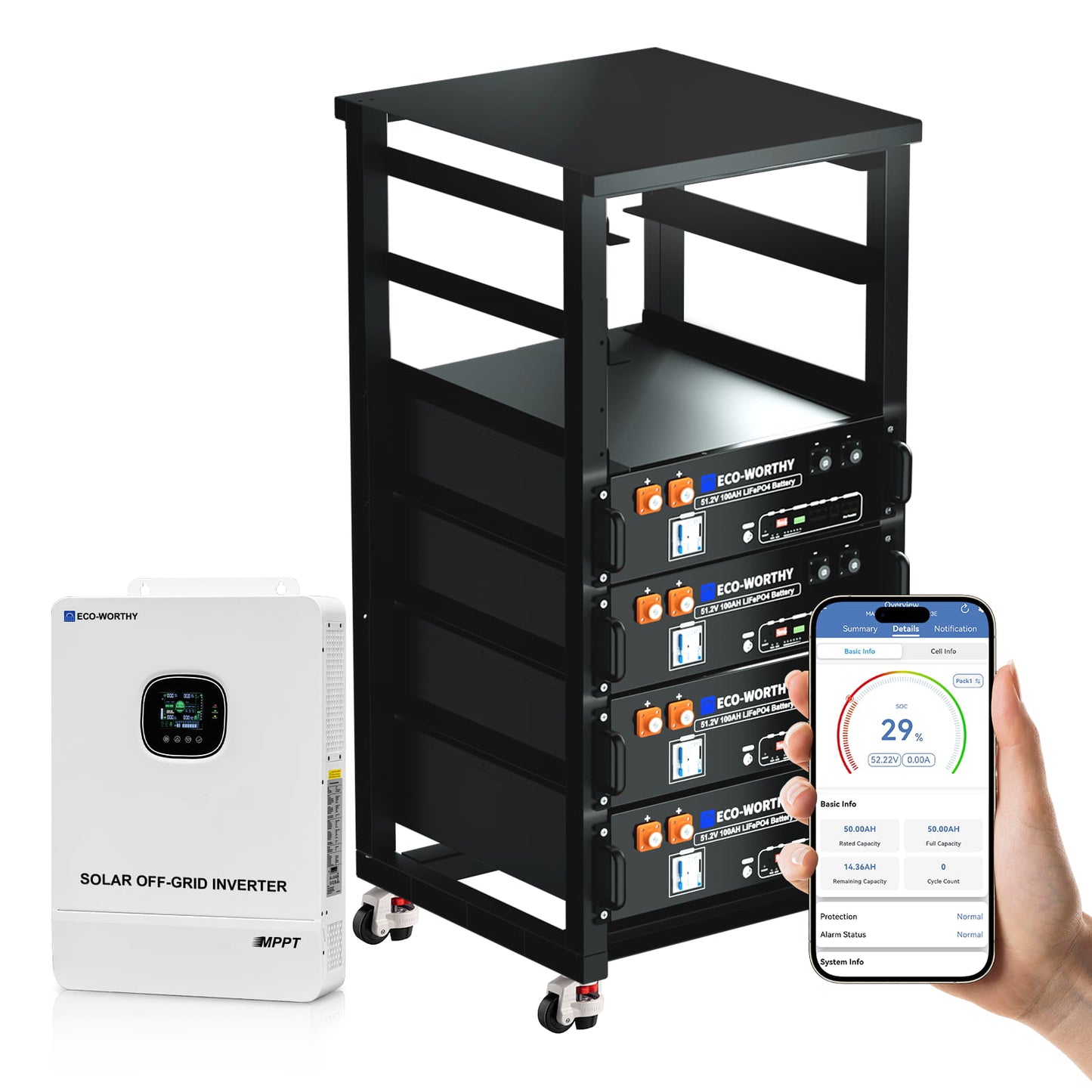Solar off-grid system with inverters, battery bank, and smartphone app on a white background