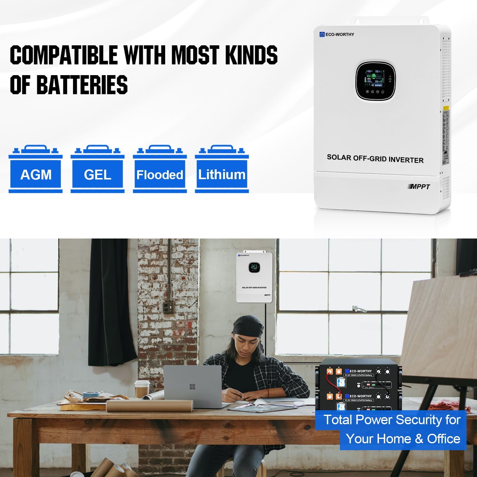 Solar off-grid inverter with compatibility for various battery types and a person working at a desk.