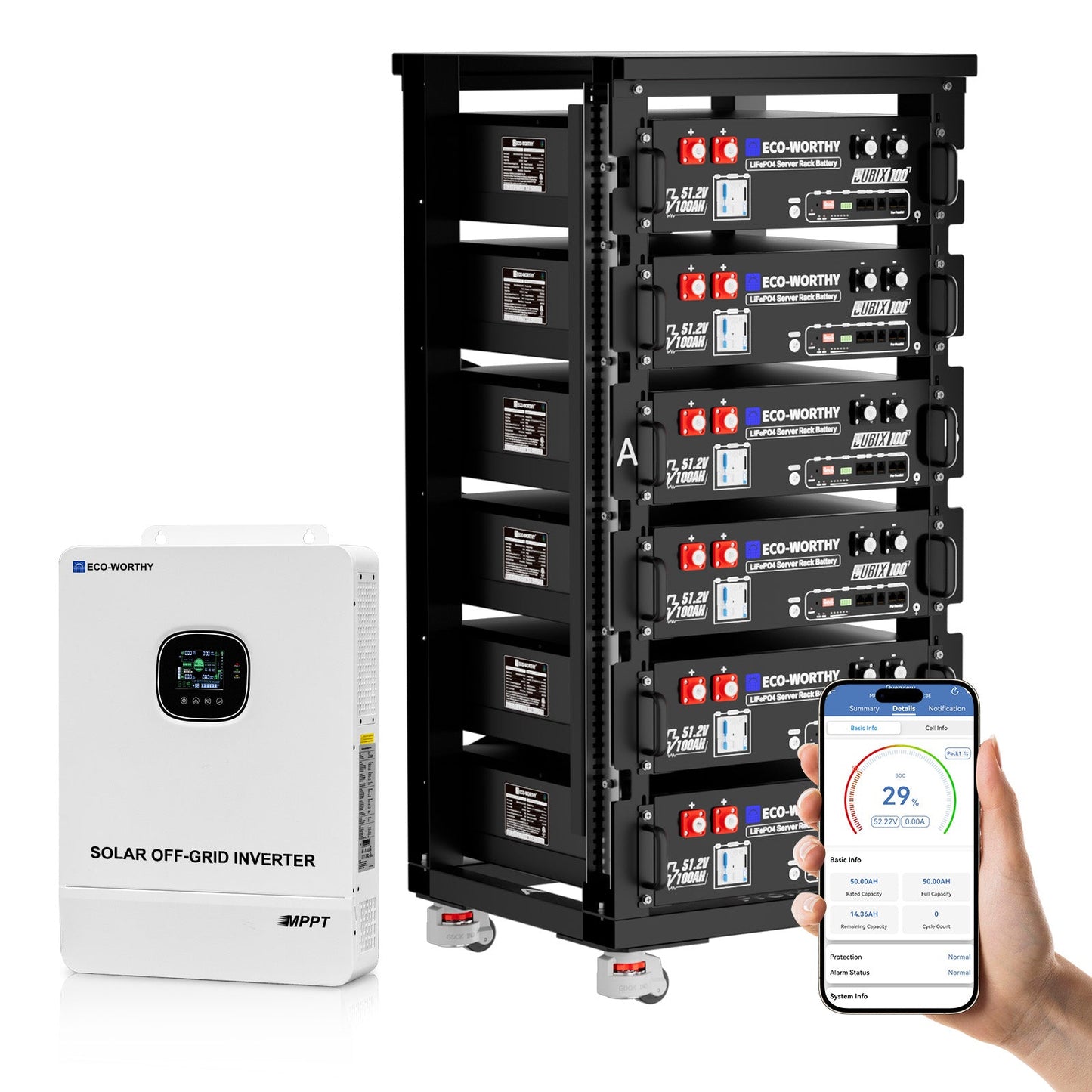 10kw Solar off-grid inverter and 51.2V 100Ah battery system with smartphone app on a white background