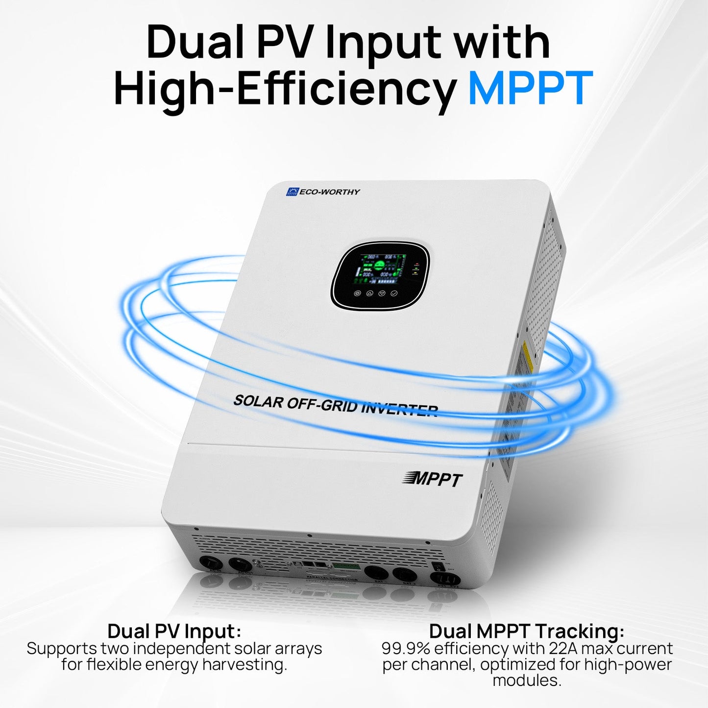 Solar off-grid inverter with dual PV input and high-efficiency MPPT on a white background