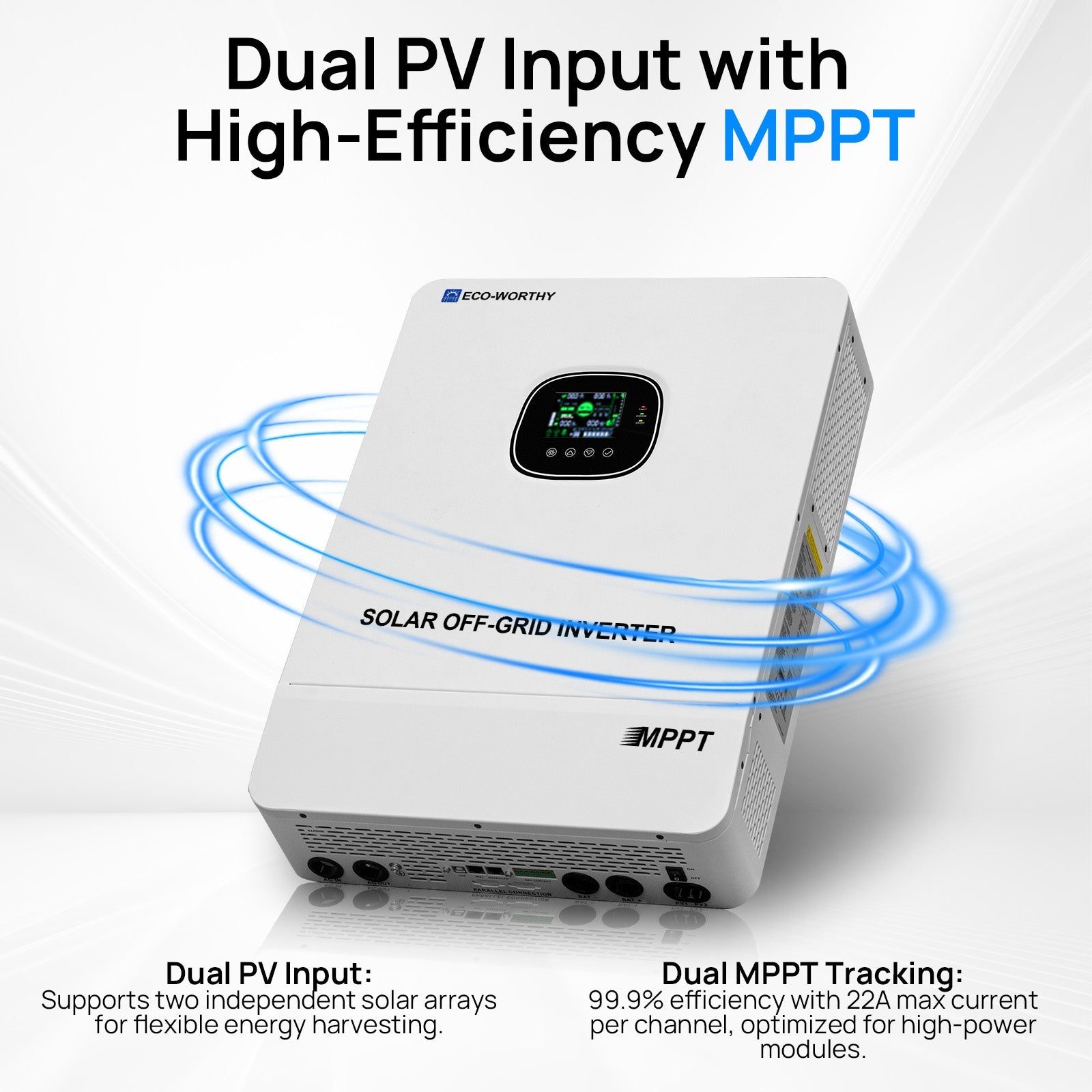 Solar off-grid inverter with dual PV input and high-efficiency MPPT on a white background