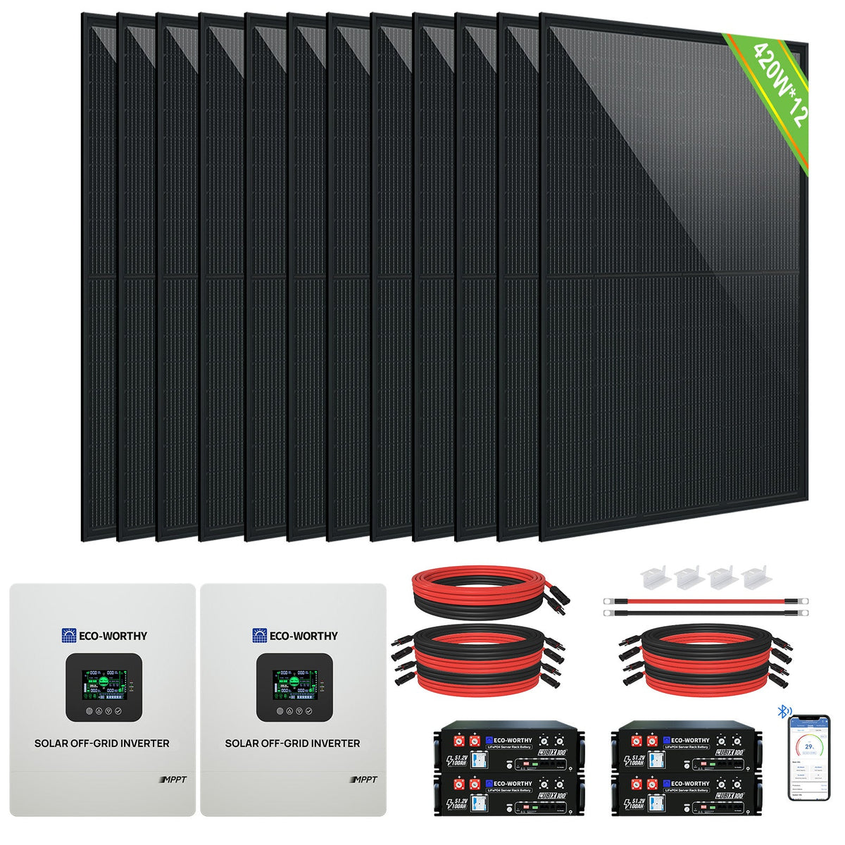 ECO-WORTHY 10kW(5kW×2) Complete Off Grid Solar Kit | 20.48kWh Battery Capacity | 10000W 120VAC/240VAC Output | 5040W PV(12×420W) - 2KW-5KW solar panel kit