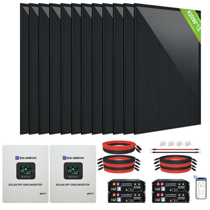 ECO-WORTHY 10kW(5kW×2) Complete Off Grid Solar Kit | 20.48kWh Battery Capacity | 10000W 120VAC/240VAC Output | 5040W PV(12×420W) - 2KW-5KW solar panel kit