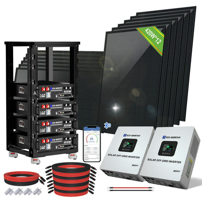 ECO-WORTHY 10kW(5kW×2) Complete Off Grid Solar Kit | 20.48kWh Battery Capacity | 10000W 120VAC/240VAC Output | 5040W PV(12×420W) - 2KW-5KW solar panel kit