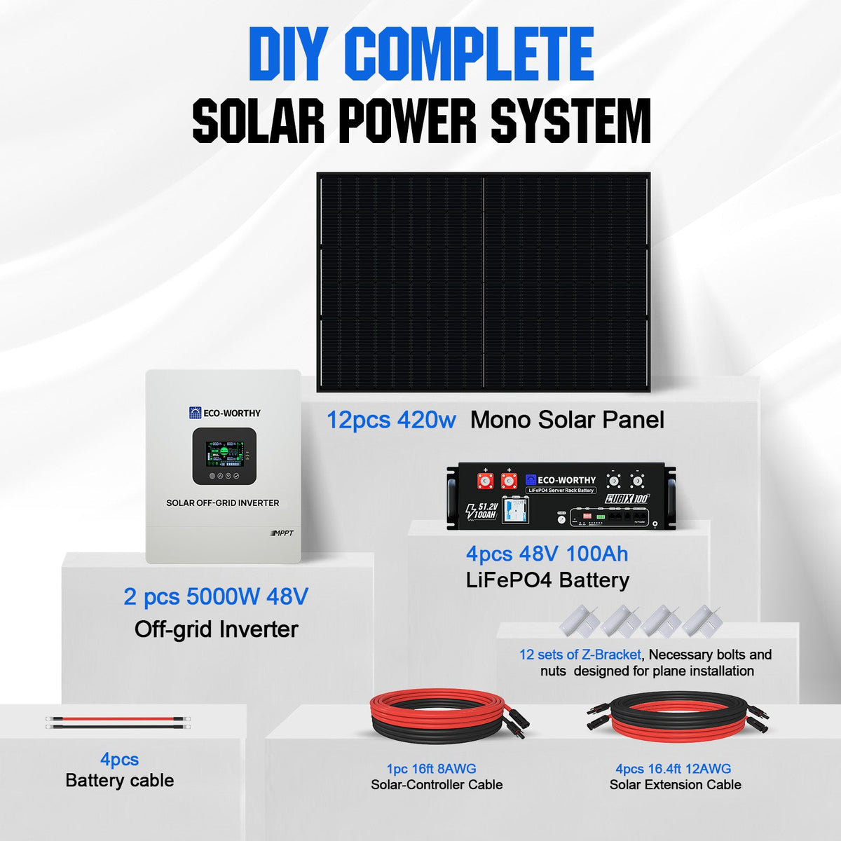 ECO-WORTHY 10kW(5kW×2) Complete Off Grid Solar Kit | 20.48kWh Battery Capacity | 10000W 120VAC/240VAC Output | 5040W PV(12×420W) - 2KW-5KW solar panel kit