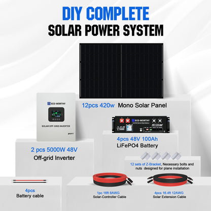ECO-WORTHY 10kW(5kW×2) Complete Off Grid Solar Kit | 20.48kWh Battery Capacity | 10000W 120VAC/240VAC Output | 5040W PV(12×420W) - 2KW-5KW solar panel kit