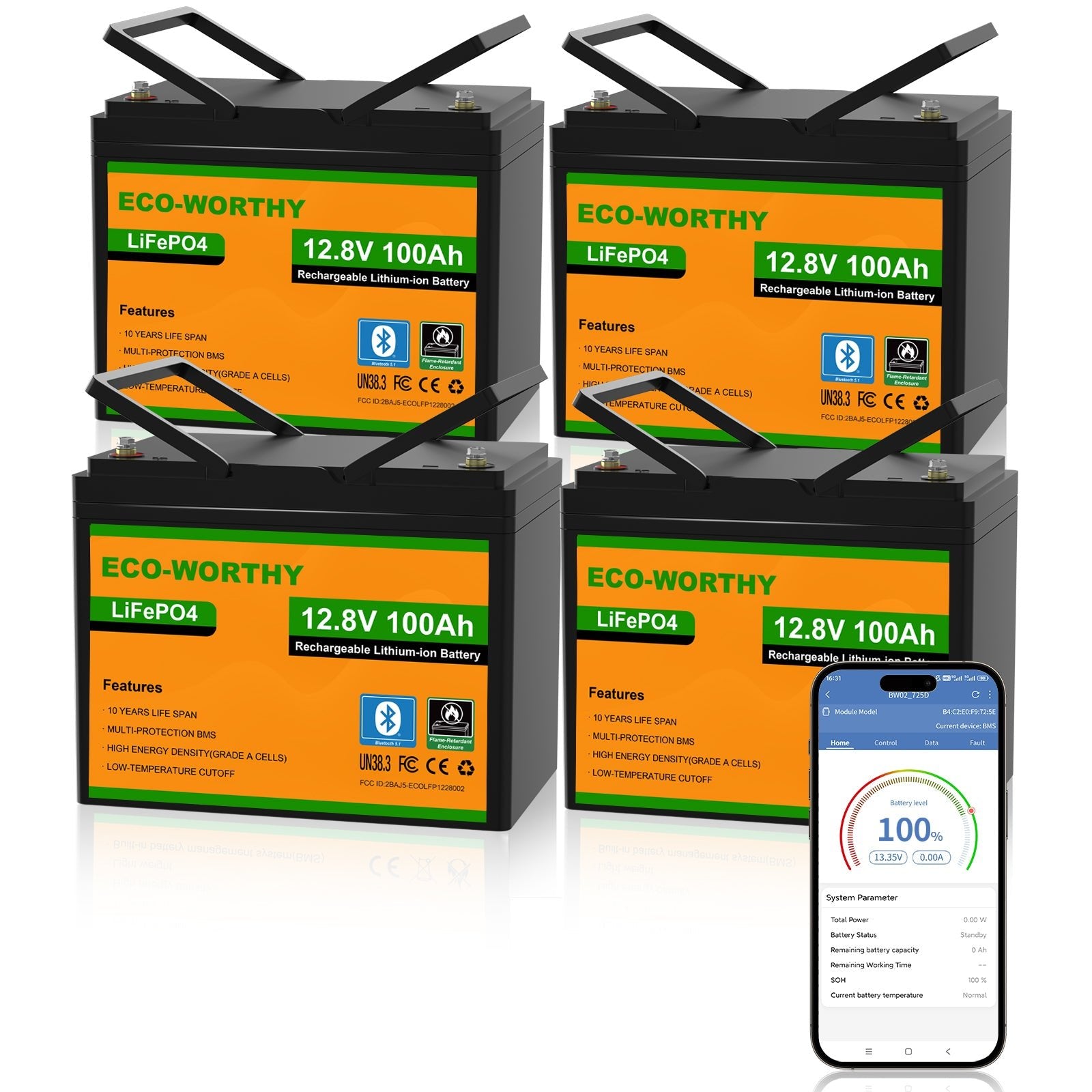 Four black Eco-Worthy LiFePO4 12.8V 100Ah rechargeable lithium batteries arranged in a 2x2 grid, with a smartphone app screen shown in the lower right corner on a white background.
