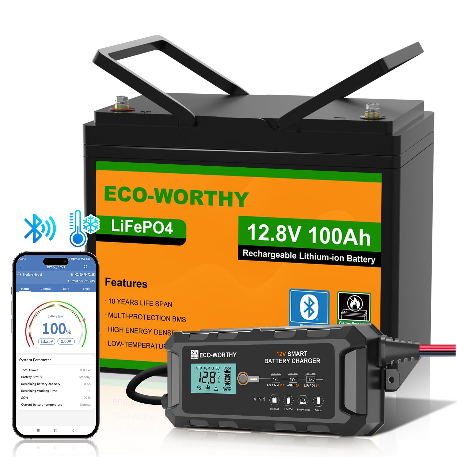 Eco-Worthy 12.8V 100Ah LiFePO4 rechargeable lithium-ion battery shown with a smart battery charger and a smartphone app screen on a white background.