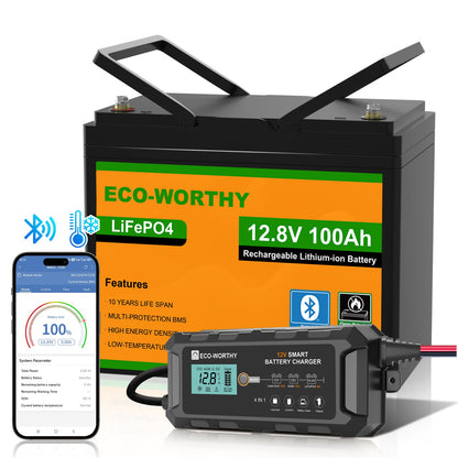 Eco-Worthy 12.8V 100Ah LiFePO4 rechargeable lithium-ion battery shown with a smart battery charger and a smartphone app screen on a white background.