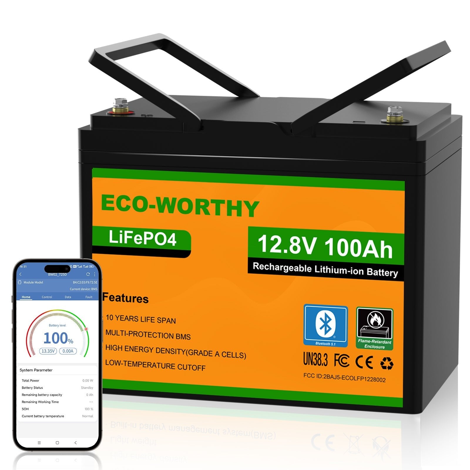 A large black rectangular rechargeable lithium-ion battery labeled ECO-WORTHY LiFePO4 12.8V 100Ah, shown on a white background with a smartphone app screen overlay displaying battery status.