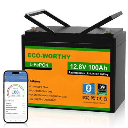 A large black rectangular rechargeable lithium-ion battery labeled ECO-WORTHY LiFePO4 12.8V 100Ah, shown on a white background with a smartphone app screen overlay displaying battery status.