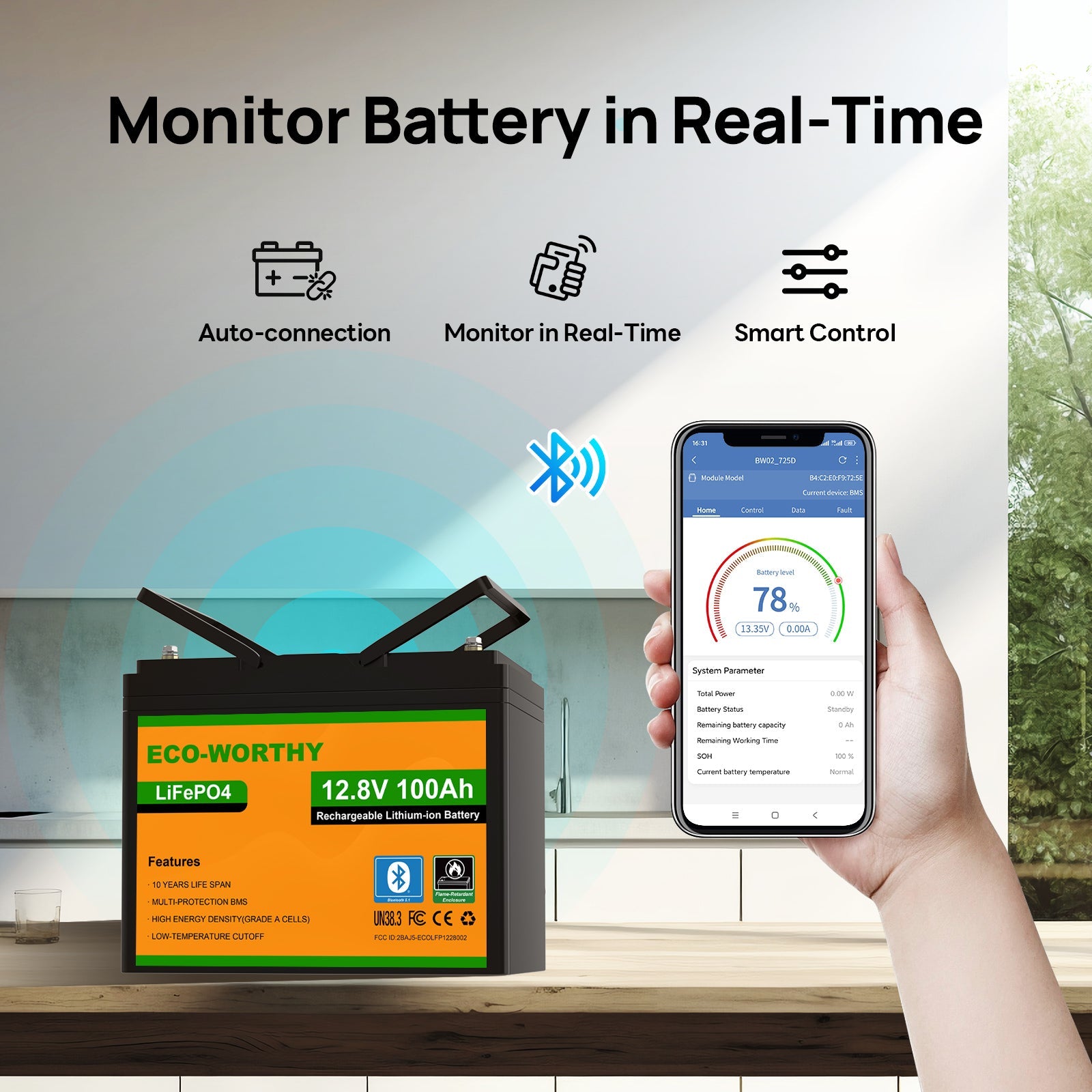 A hand holds a smartphone showing a battery monitoring app screen in front of a kitchen counter, with a black and orange Eco-Worthy LiFePO4 battery box displayed below. Text at the top reads 'Monitor Battery in Real-Time' with icons for auto-connection, real-time monitoring, and smart control.