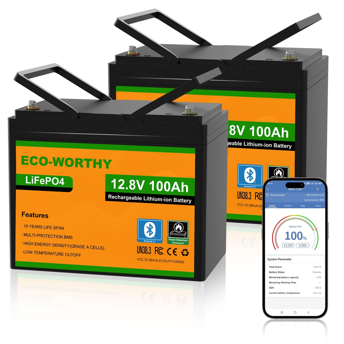 Two black Eco-Worthy LiFePO4 12.8V 100Ah rechargeable lithium-ion batteries shown with a smartphone displaying a battery status app on a white background.