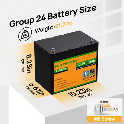 A black rectangular lithium-ion battery labeled ECO-WORTHY 12.8V 100Ah, shown with dimension callouts for group 24 size and weight, plus an inset showing an M8 screw.