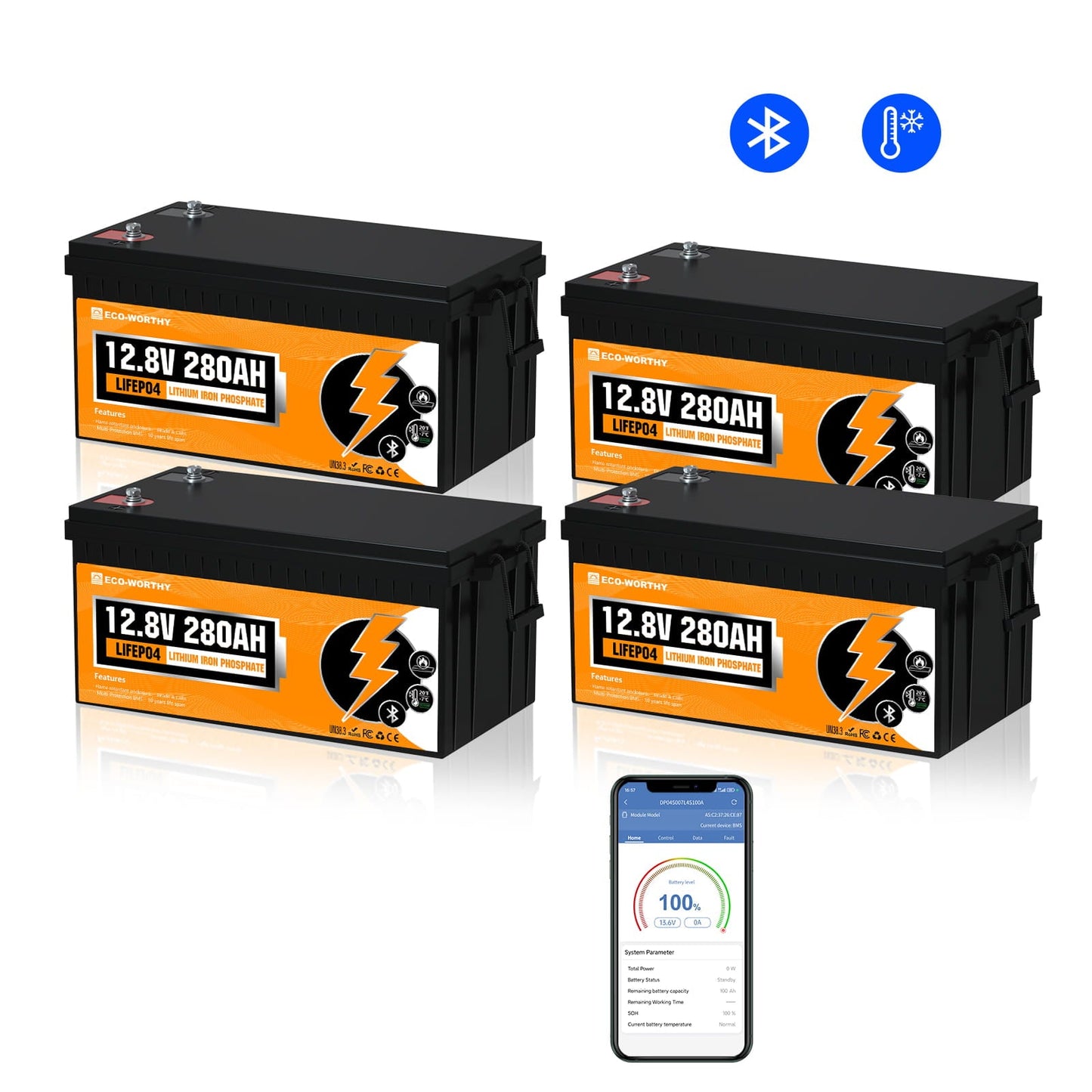 Eco - Worthy 12V 280Ah LiFePO4 Lithium Battery | Bluetooth And Low - temperature Protection - lithium battery
