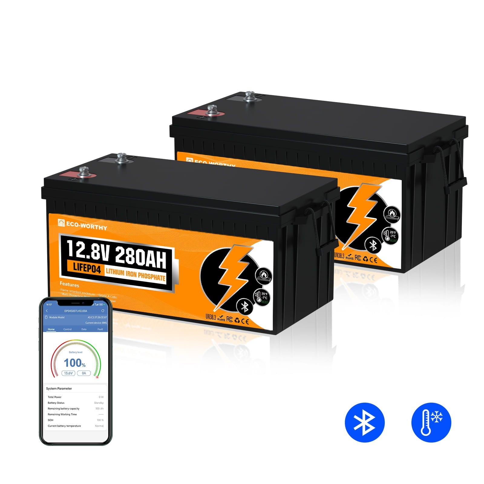 Eco-Worthy 12v 280ah lithium iron phosphate batteries  on a white background