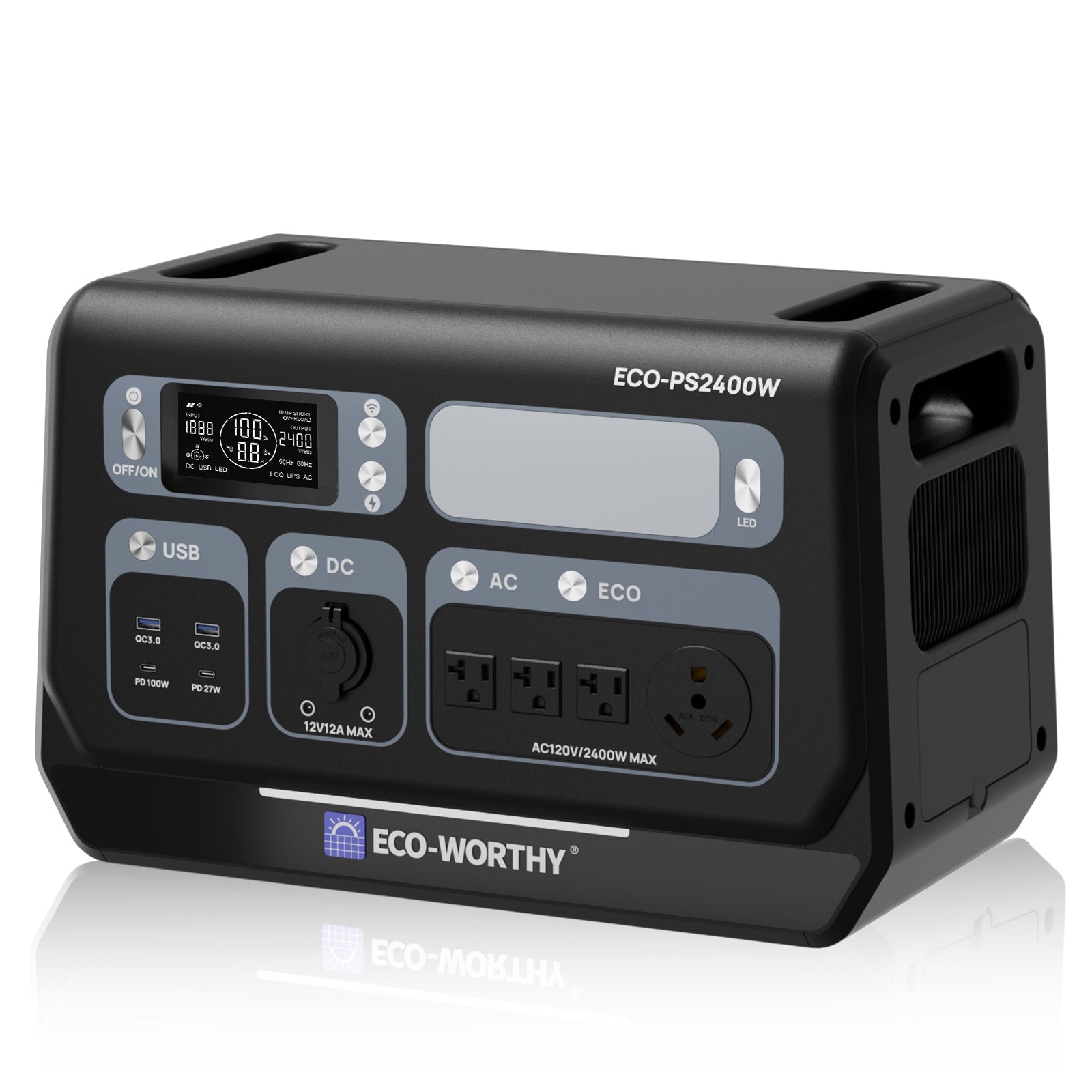 Black portable power station with digital display and multiple outlets on a white background