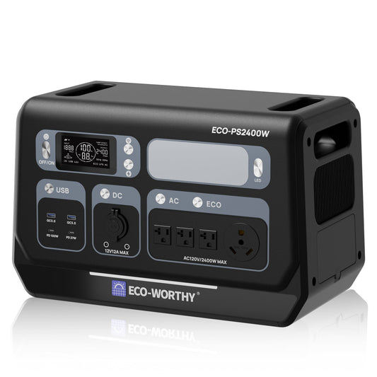 Black portable power station with digital display and multiple outlets on a white background