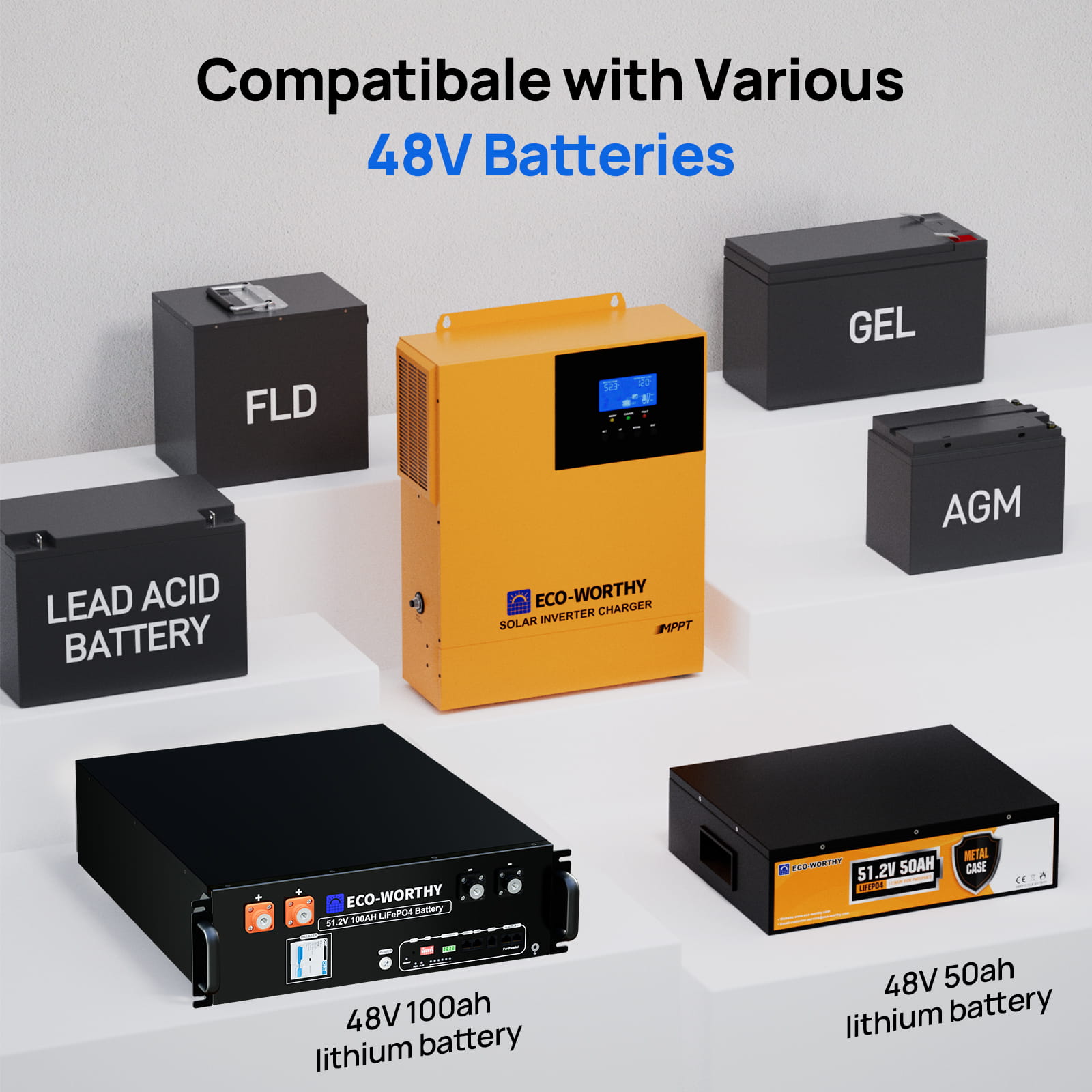 Collection of various 48V batteries and a solar inverter charger on a light gray background.