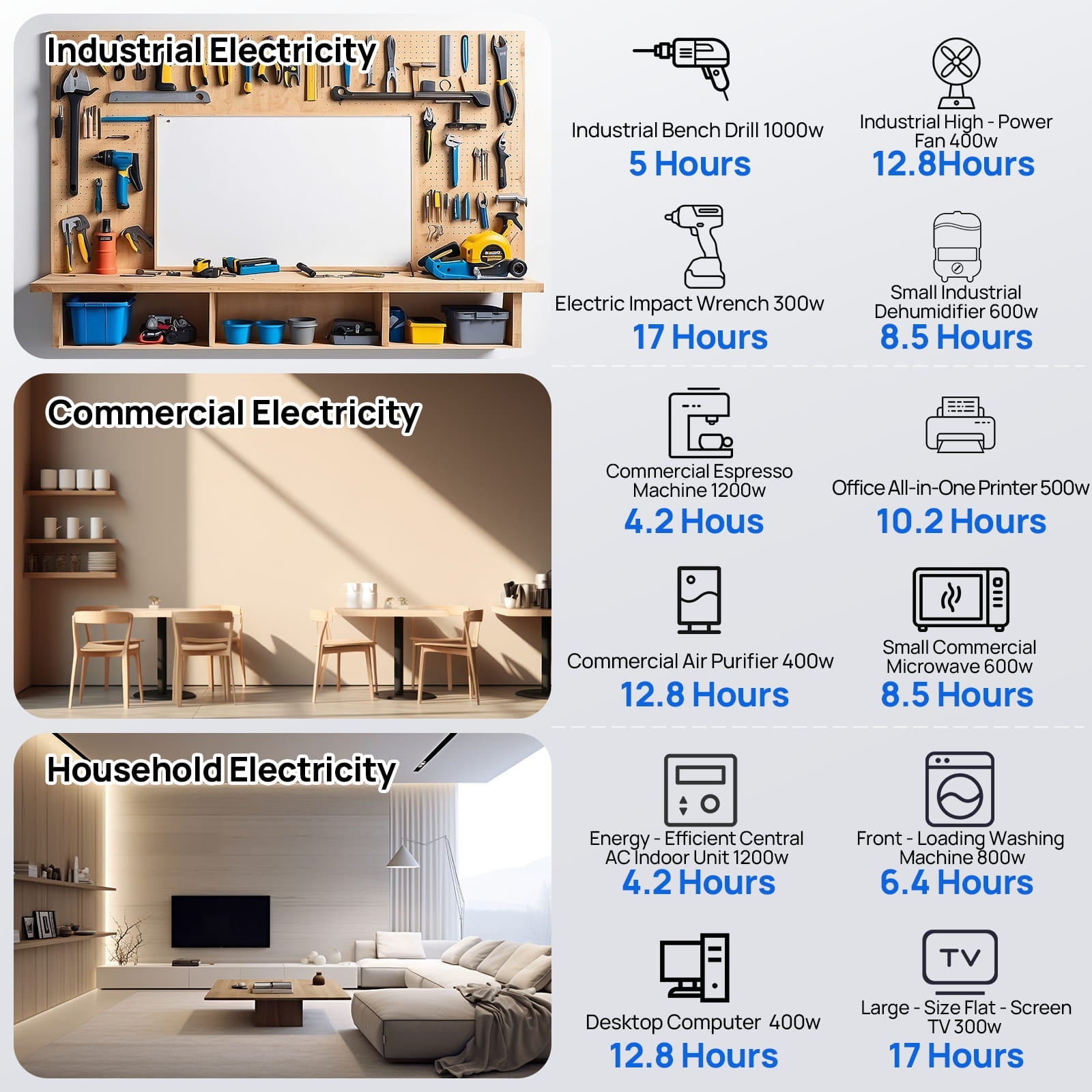 Comparison of electricity usage for industrial, commercial, and household appliances.