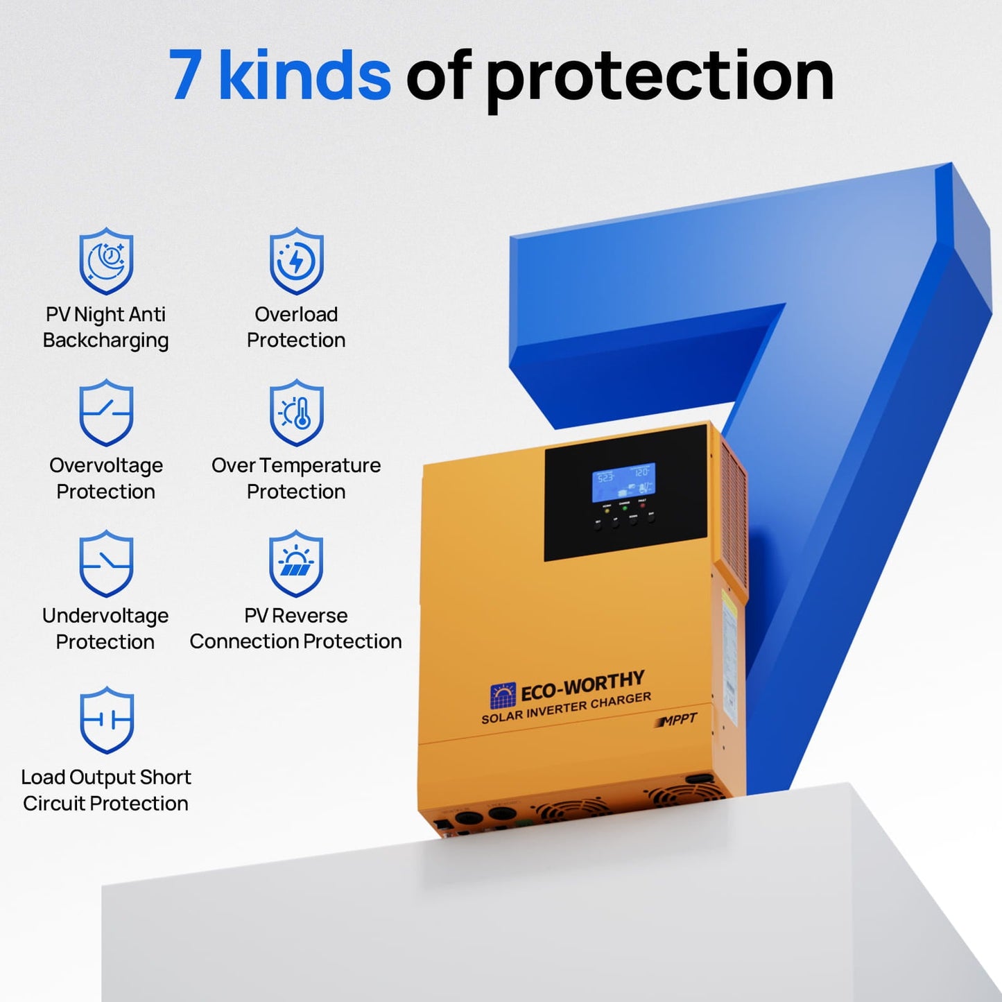 Yellow solar inverter charger with protection features on a white background