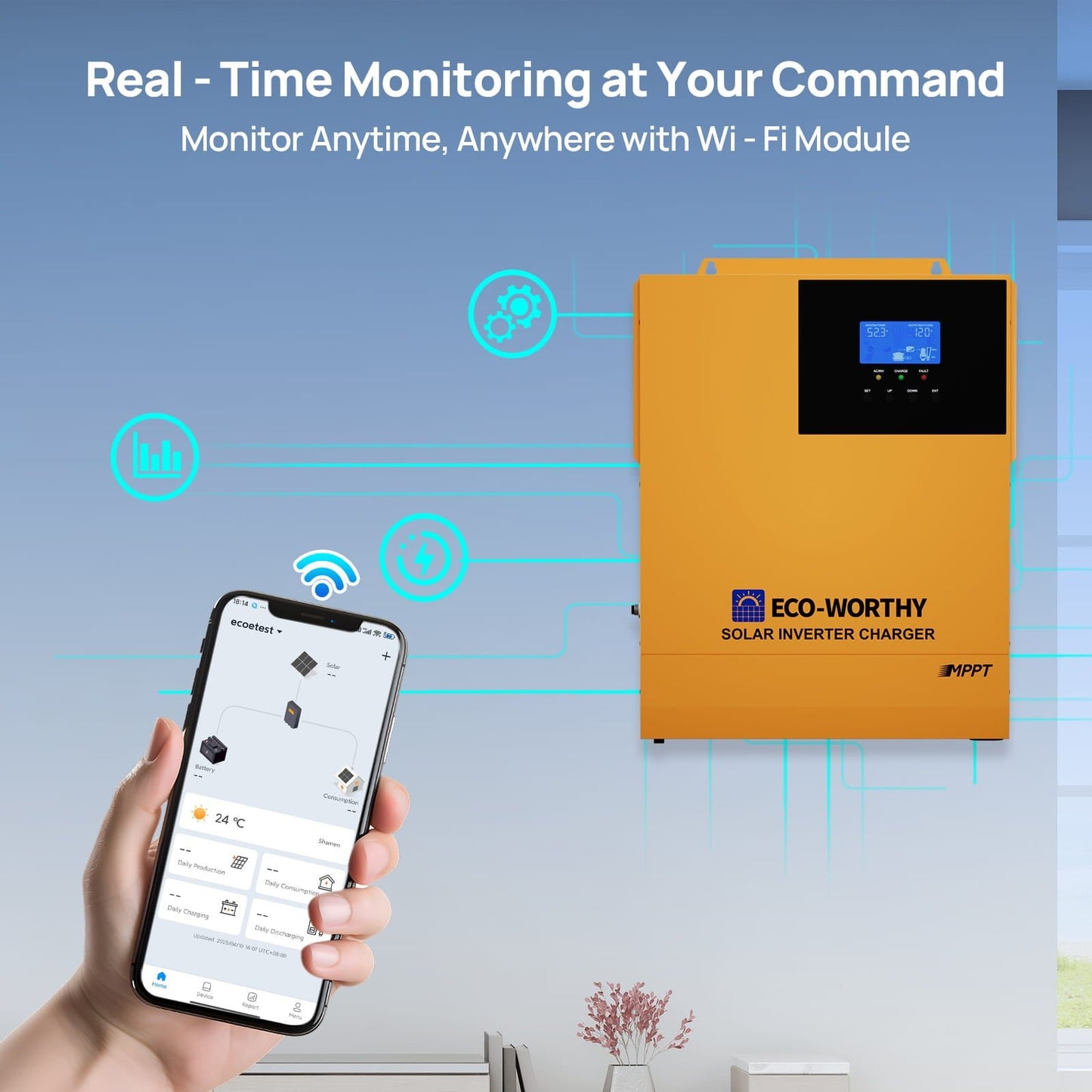 Eco-Worthy solar inverter charger with smartphone app on a blue background