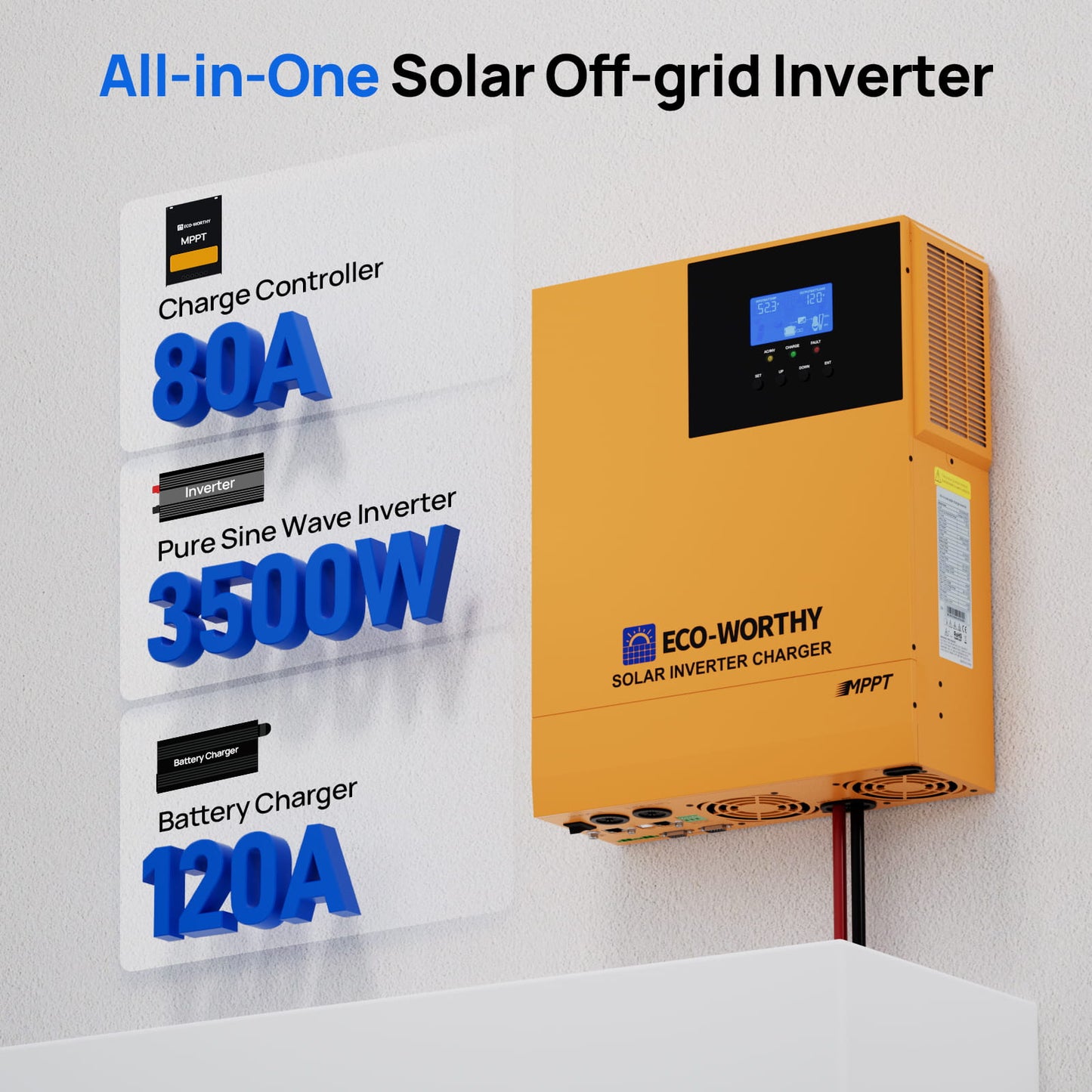 Eco-Worthy solar off-grid inverter with key specifications on a white background