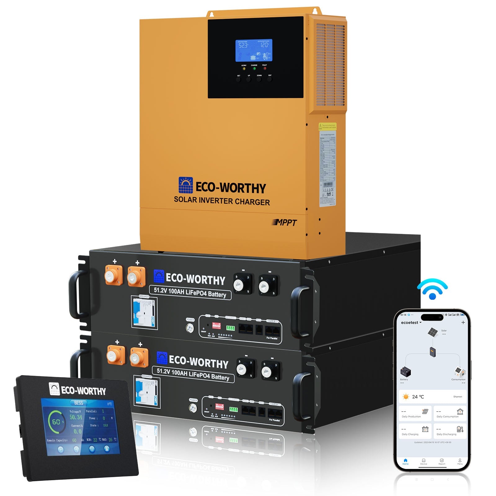 ECO-WORTHY solar inverter charger with smartphone app on a white background