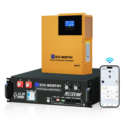 Eco-Worthy 3500W solar inverter charger with 51.2V 100Ah lifePO4 battery and smartphone app on a white background