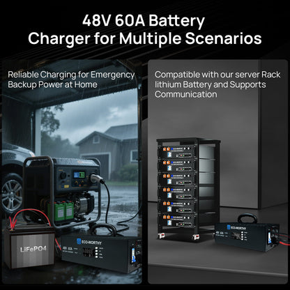 48V 60A Battery Charger for Multiple Scenarios with text on reliability and compatibility.