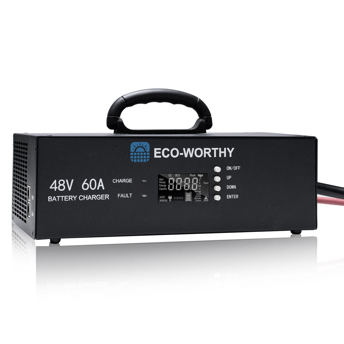 Black 48V 60A battery charger with digital display on a white background, branded 'Eco-Worthy'.