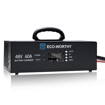 Black 48V 60A battery charger with digital display on a white background, branded 'Eco-Worthy'.