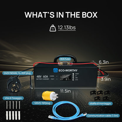 Eco-Worthy 48V 60A battery charger with components listed on a dark background