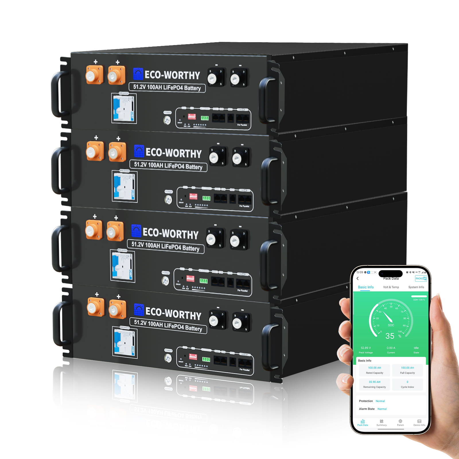 ECO - WORTHY 48V(51.2V) 100Ah LiFePO4 Server Rack Battery,3U Size With Bluetooth & Wifi(V3) - lithium battery