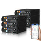 Stack of ECO - WORTHY 48V(51.2V) 100Ah LiFePO4 Server Rack Batteries with a smartphone displaying battery status on a white background