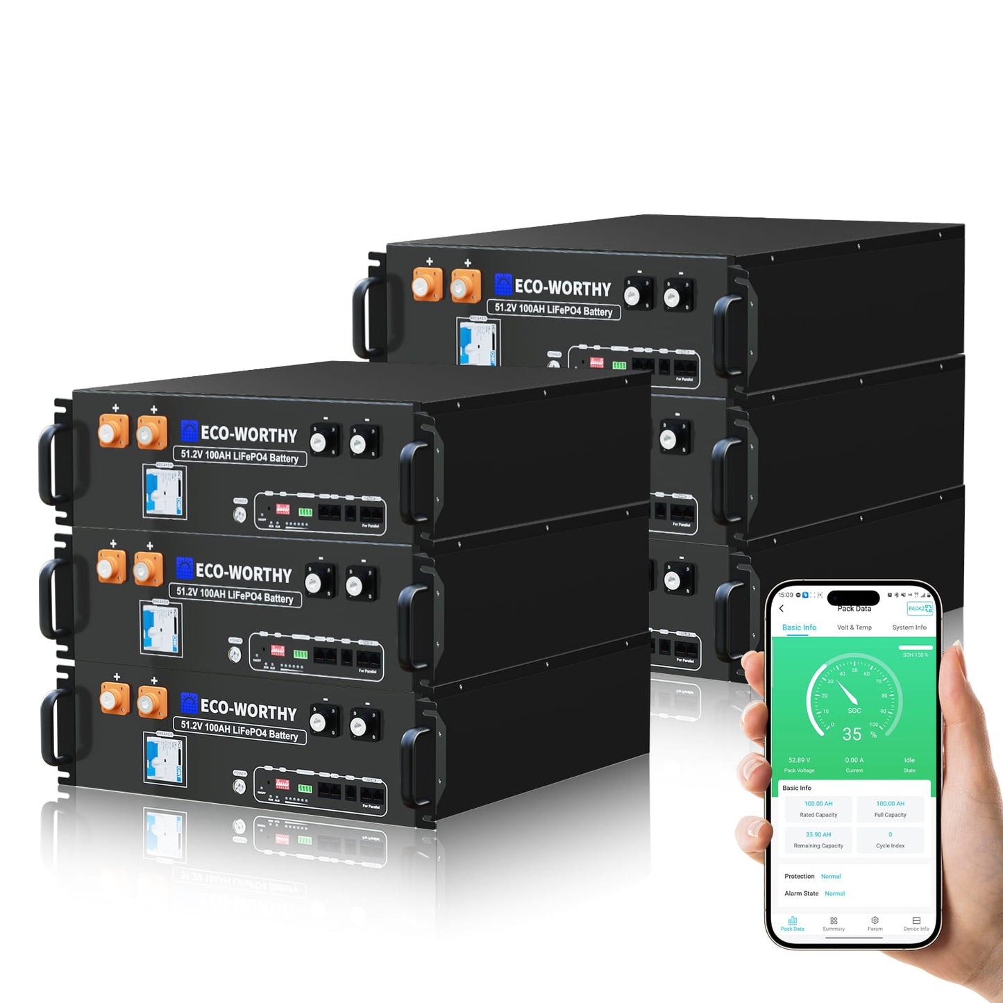 ECO - WORTHY 48V(51.2V) 100Ah LiFePO4 Server Rack Battery,3U Size With Bluetooth & Wifi(V3) - lithium battery