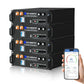 Stack of ECO - WORTHY 48V(51.2V) 100Ah LiFePO4 Server Rack Batteries with a smartphone displaying battery information on a white background